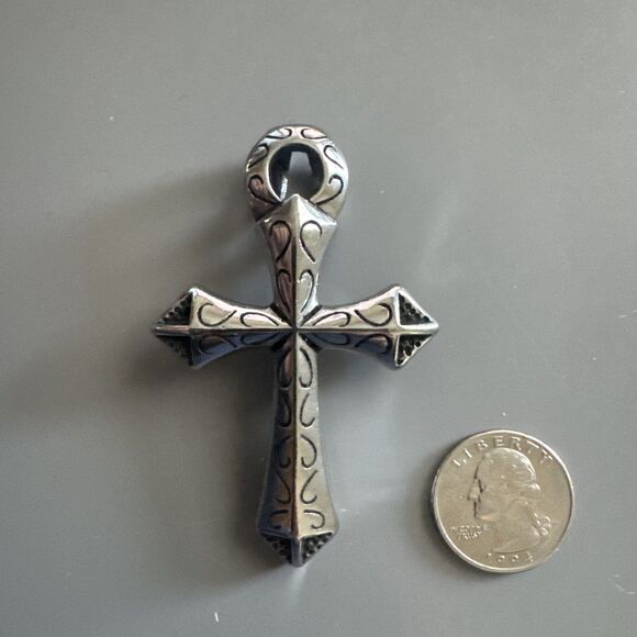 Mens Large Silver Ankh Cross Symbol Of Life Stainless Steel Pendant Necklace - Picture 3 of 6